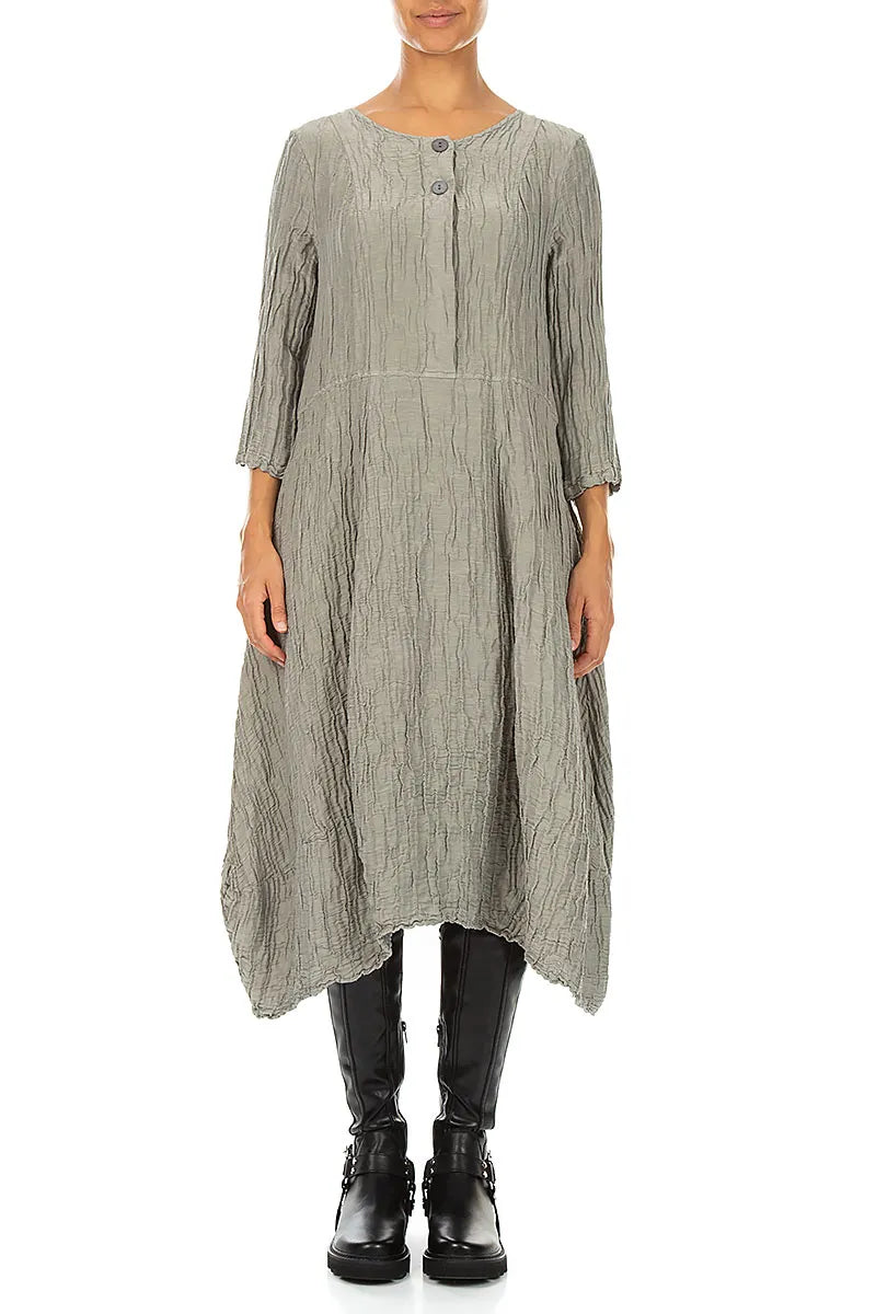 Flared Olive Grey Crinkled Silk Linen Dress 2