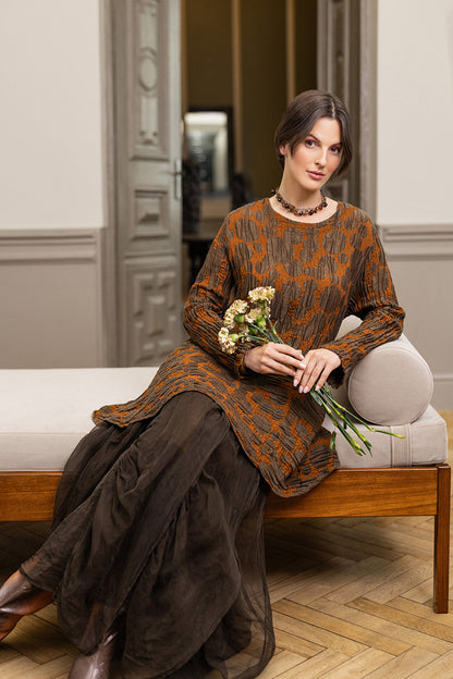 Flared Pockets Crinkled Aged Copper Circle Silk Linen Tunic 6