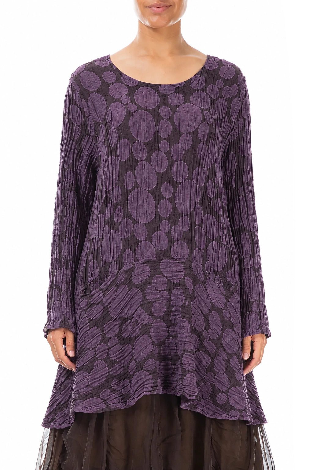 Flared Pockets Crinkled Deep Plum Circle Silk Linen Tunic