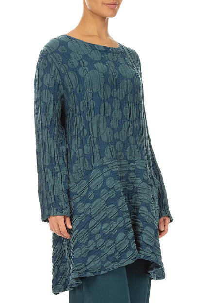 Flared Pockets Crinkled Deep Turquoise Circle Silk Linen Tunic
