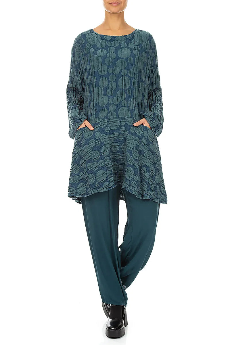 Flared Pockets Crinkled Deep Turquoise Circle Silk Linen Tunic 5
