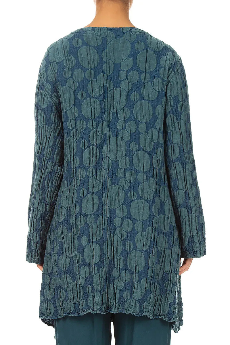 Flared Pockets Crinkled Deep Turquoise Circle Silk Linen Tunic 3