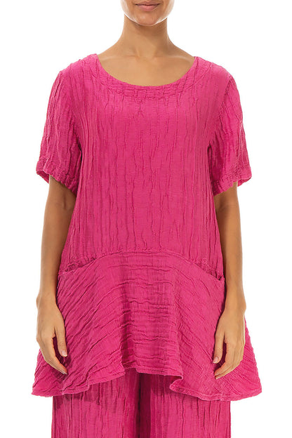 Flared Pockets Crinkled Fuchsia Silk Linen Blouse 1