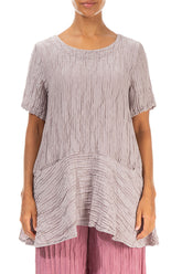 Flared Pockets Crinkled Greige Silk Linen Blouse 1