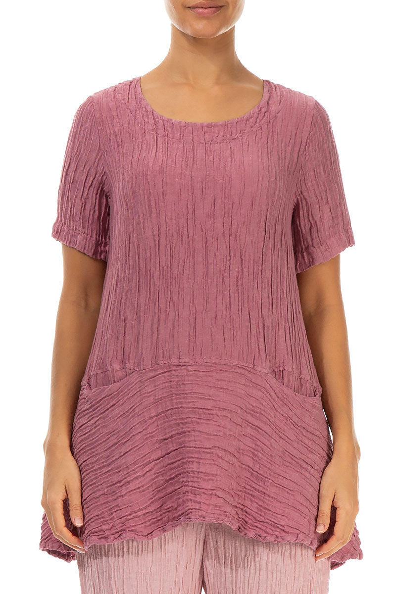 Flared Pockets Crinkled Mauve Taupe Silk Blouse 1