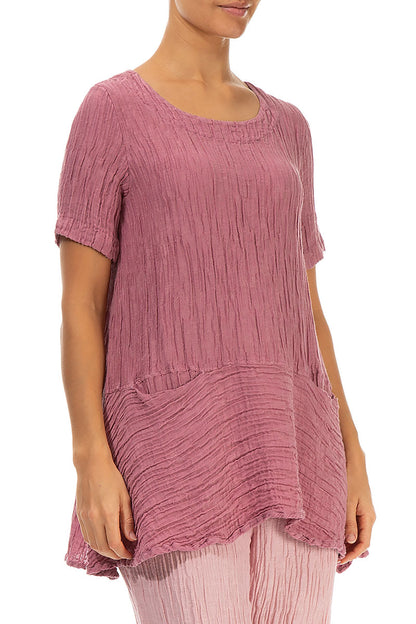 Flared Pockets Crinkled Mauve Taupe Silk Blouse 3