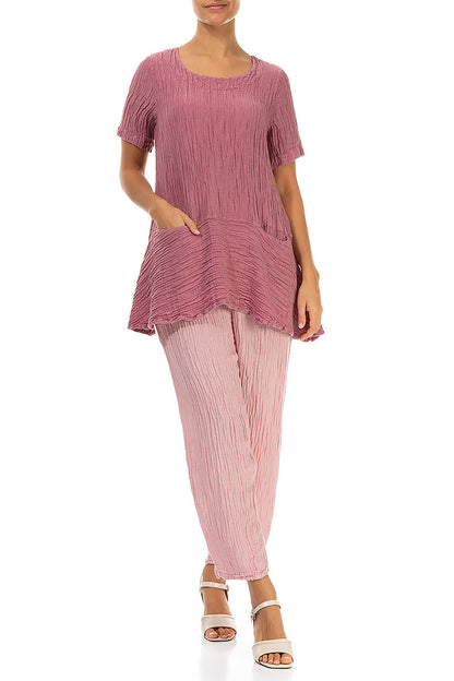 Flared Pockets Crinkled Mauve Taupe Silk Blouse 4