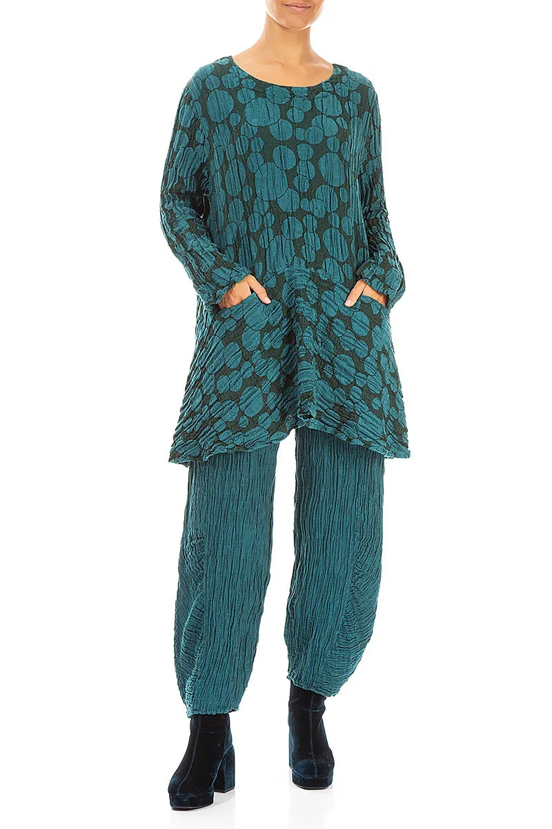 Flared Pockets Crinkled Peacock Circle Silk Linen Tunic 4