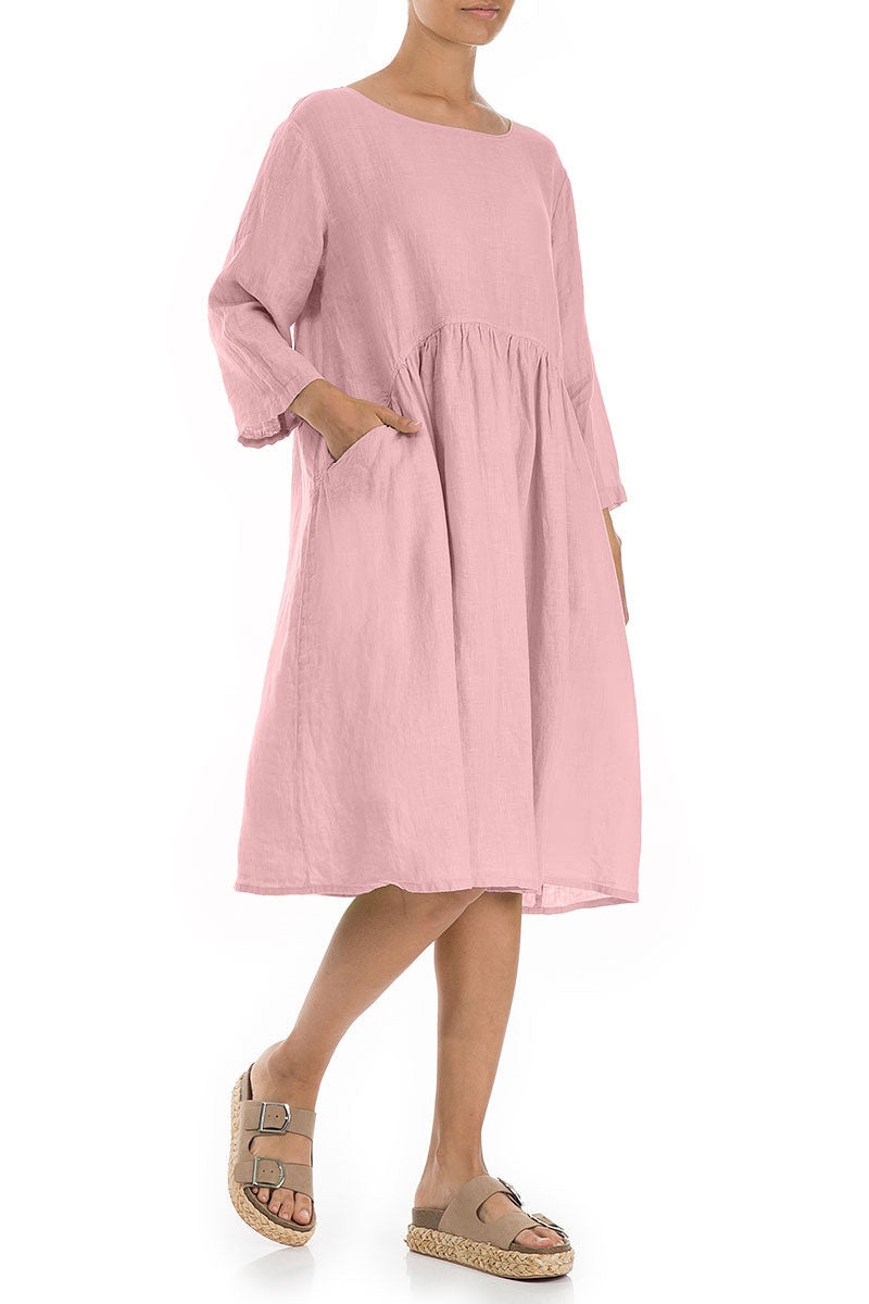Flared Powder Pink Linen Midi Dress 5
