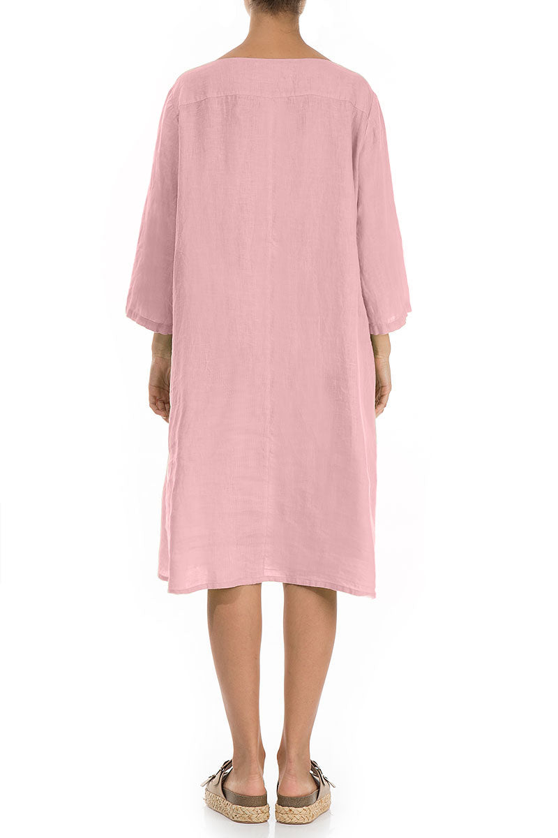 Flared Powder Pink Linen Midi Dress 2