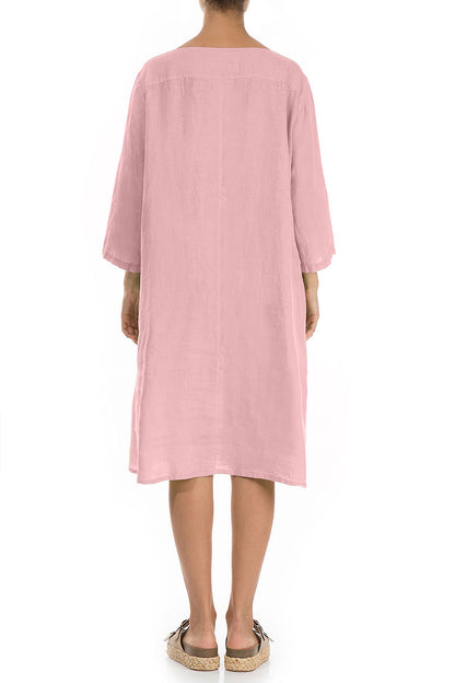 Flared Powder Pink Linen Midi Dress 2