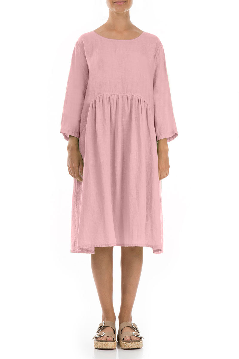 Flared Powder Pink Linen Midi Dress 1