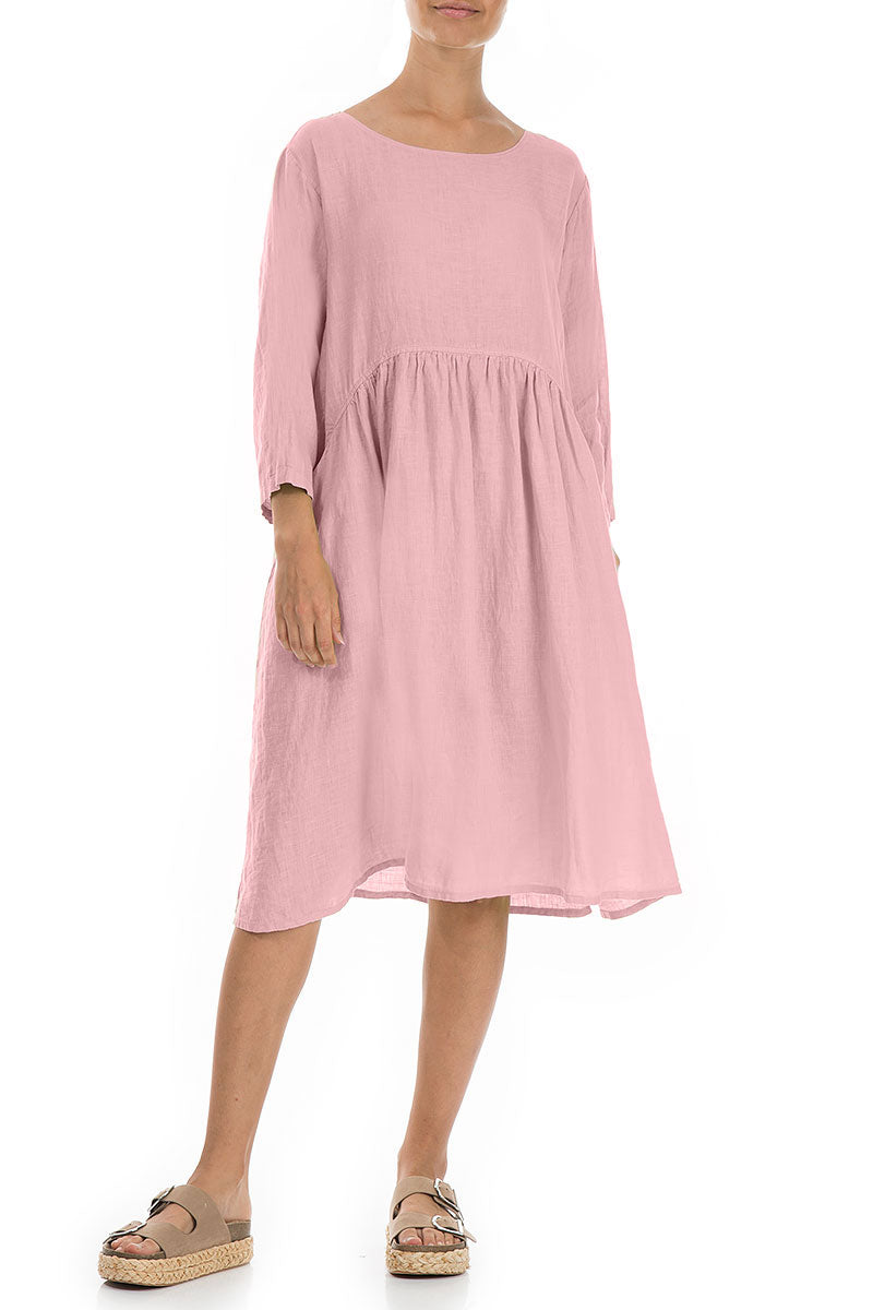 Flared Powder Pink Linen Midi Dress 3