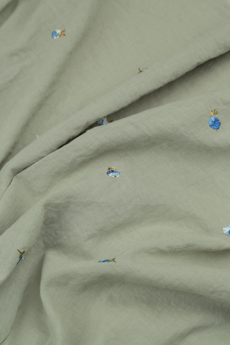 Flared Sage Embroidered Petals Cotton Shirt 5