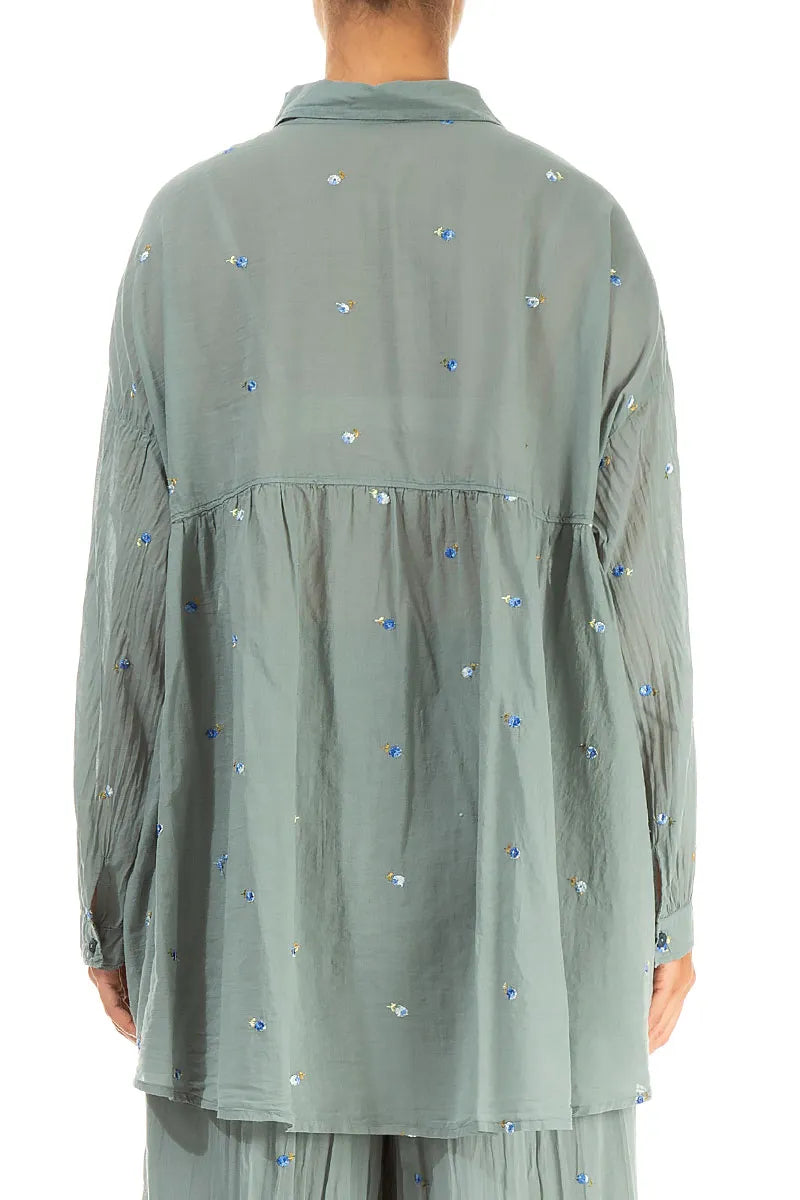 Flared Sage Embroidered Petals Cotton Shirt 2