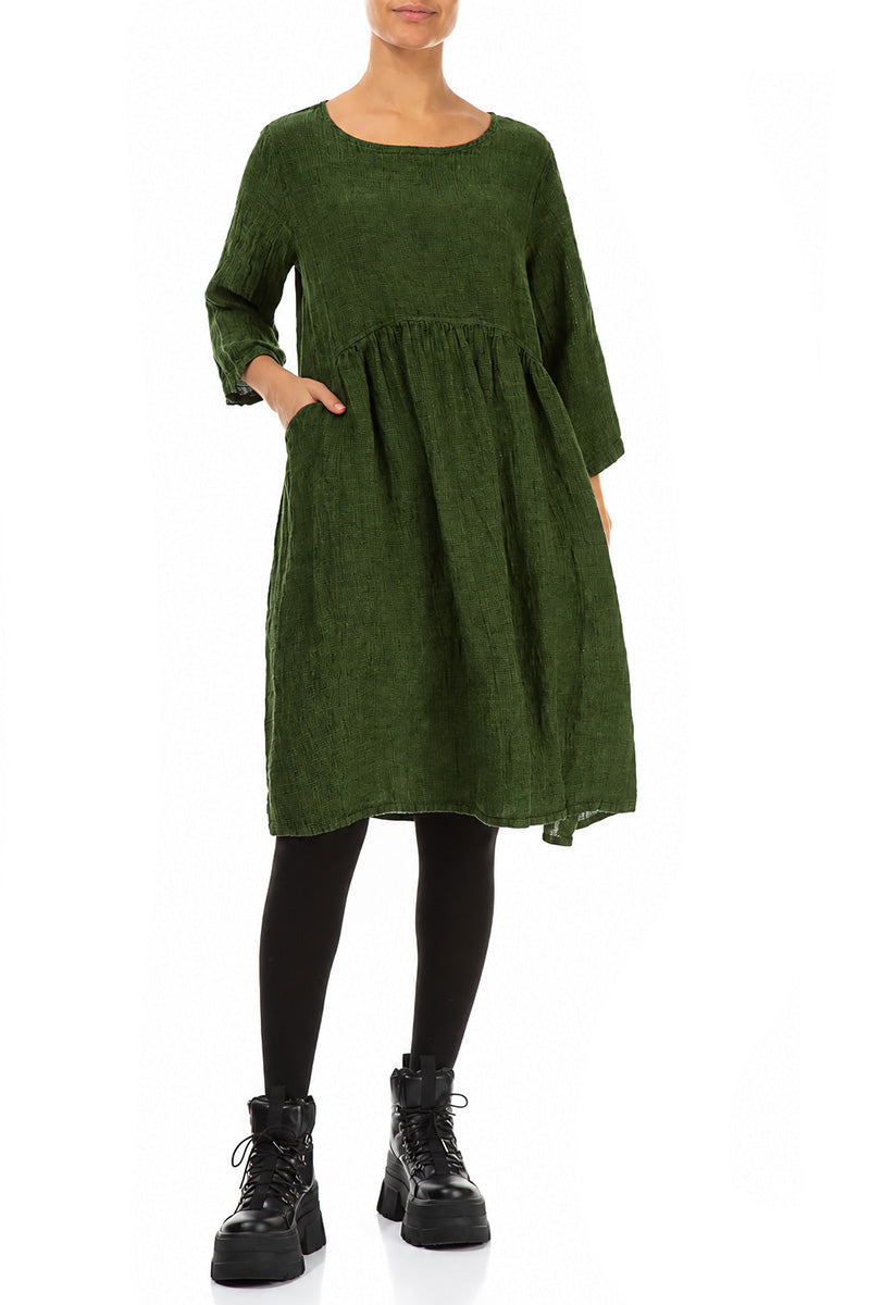 Flared Shamrock Green Mélange Linen Midi Dress