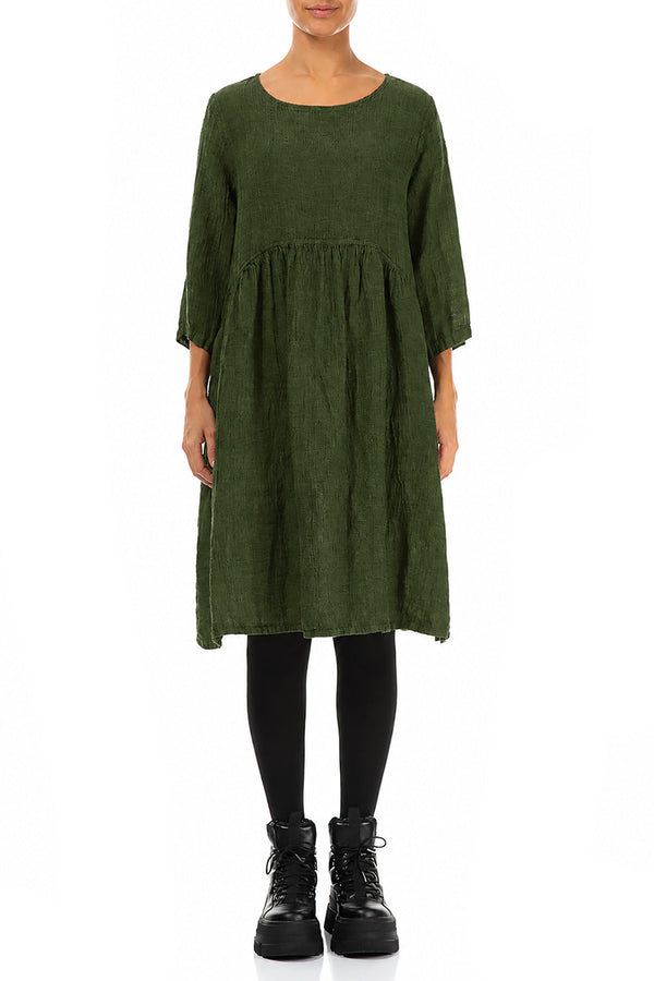 Flared Shamrock Green Mélange Linen Midi Dress