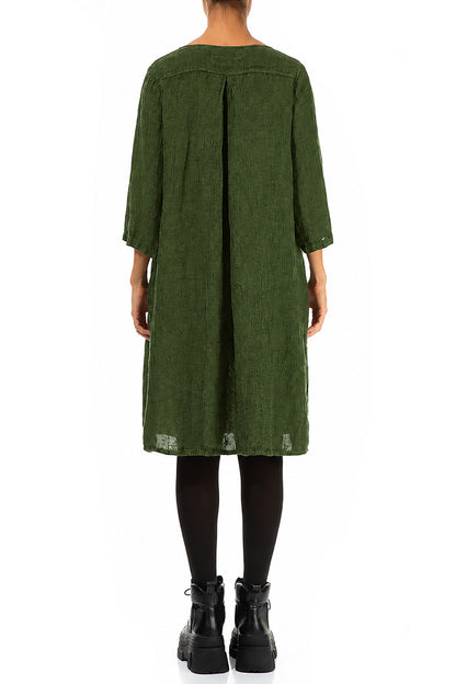 Flared Shamrock Green Mélange Linen Midi Dress