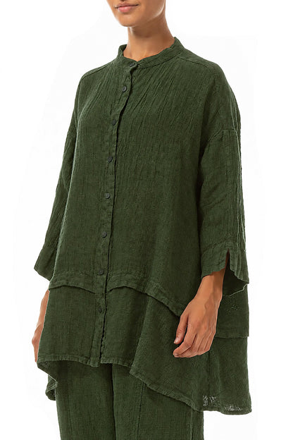 Flared Shamrock Green Mélange Linen Shirt