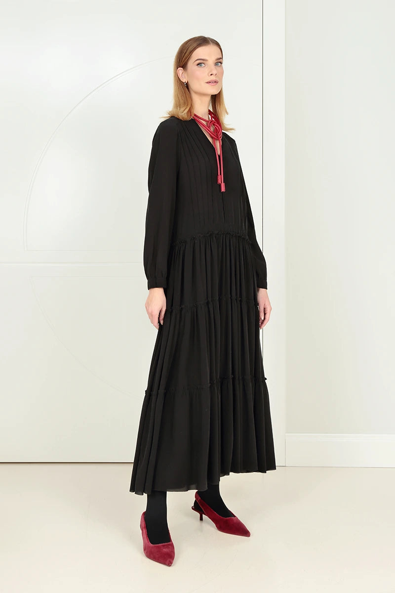 Flared Back Buttons Black Silk Dress