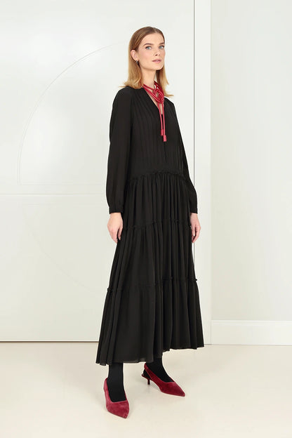 Flared Back Buttons Black Silk Dress