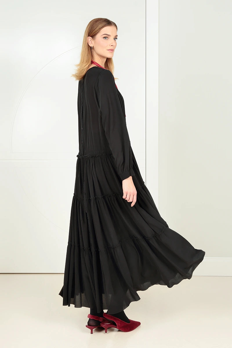 Flared Back Buttons Black Silk Dress