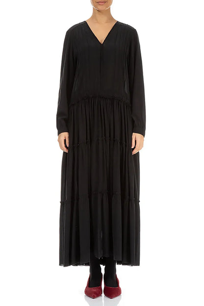 Flared Back Buttons Black Silk Dress