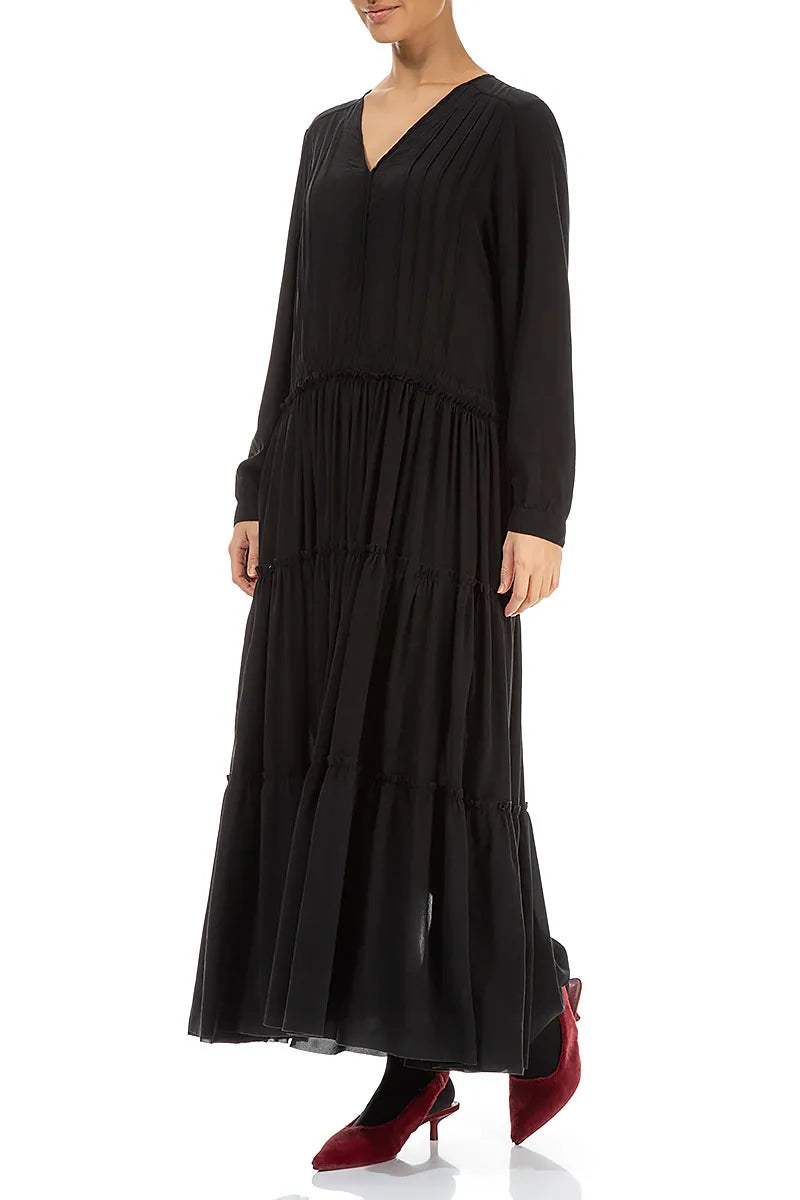 Flared Back Buttons Black Silk Dress