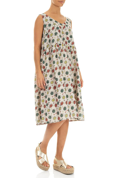 Flared Sketch Blooms Linen Dress