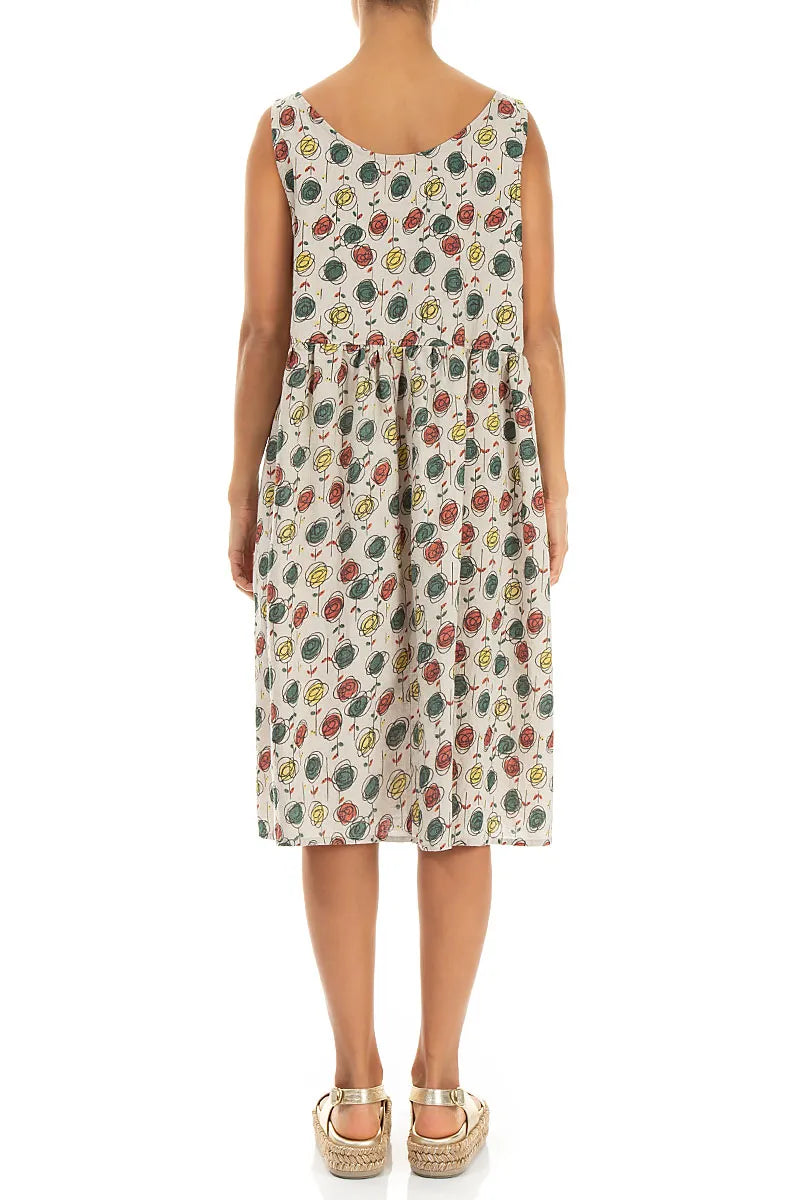Flared Sketch Blooms Linen Dress