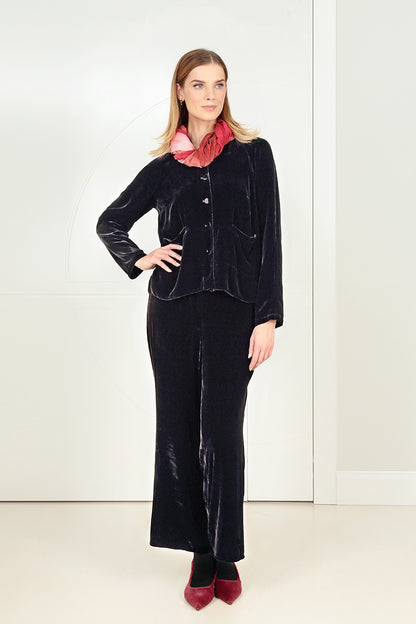 Flared Slate Blue Silk Velvet Trousers 1