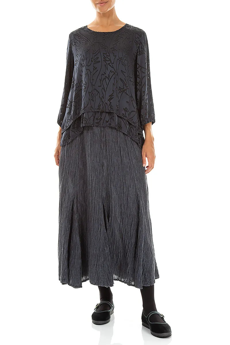 Flared Slate Crinkled Silk Skirt