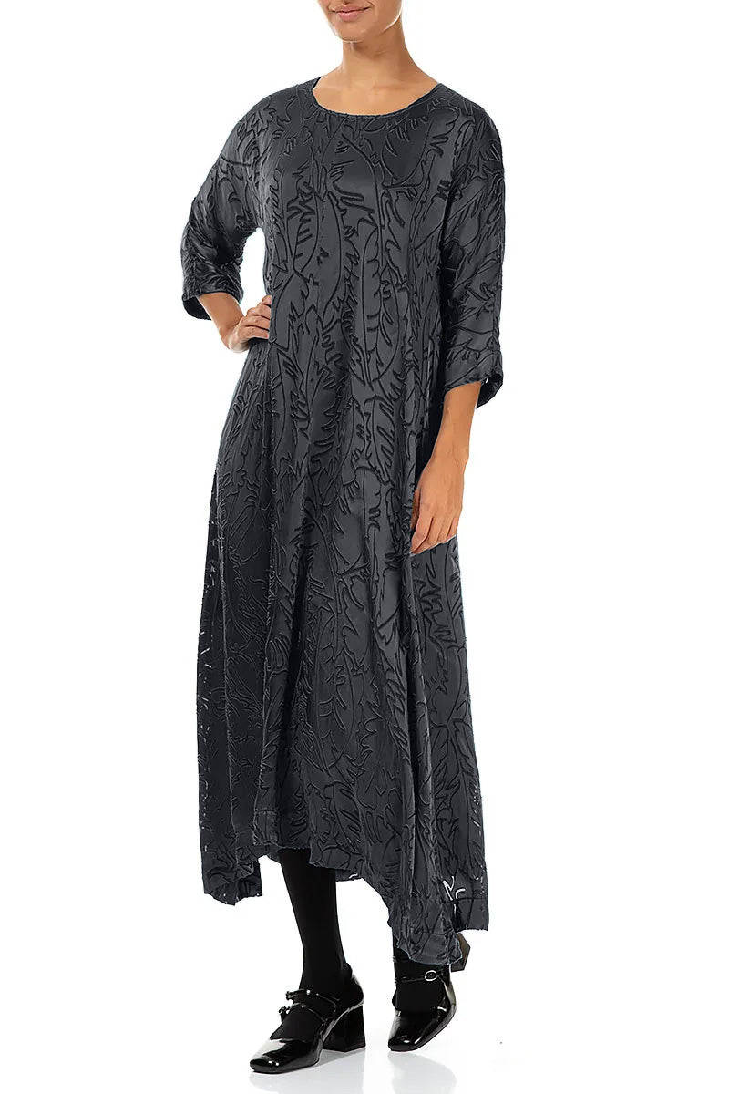 Flared Slate Devoré Feather Silk Dress
