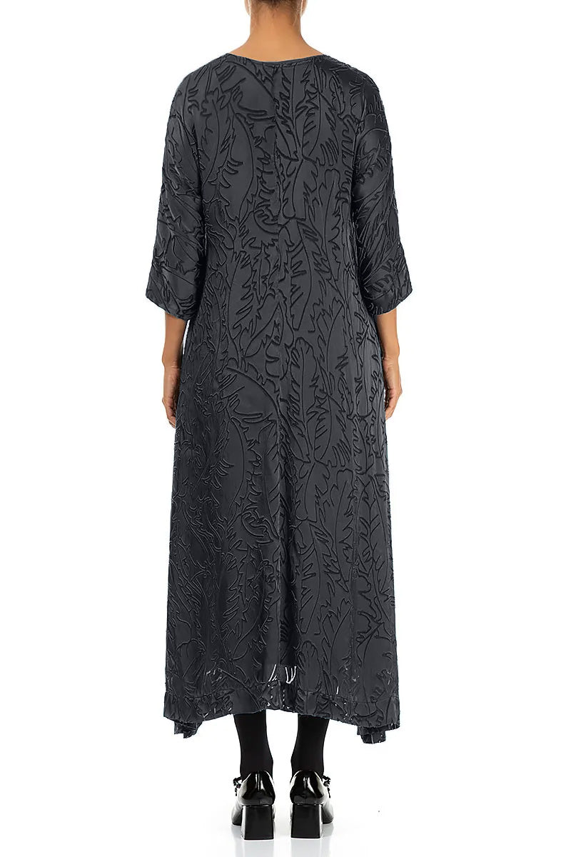Flared Slate Devoré Feather Silk Dress