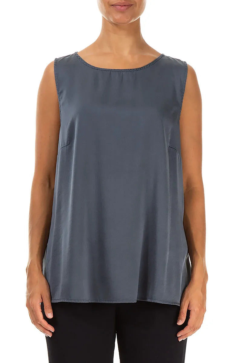 Flared Sleeveless Slate Blue Silk Top