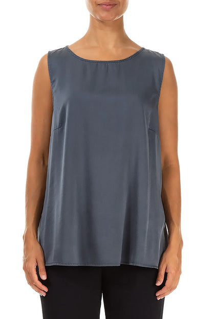 Flared Sleeveless Slate Blue Silk Top