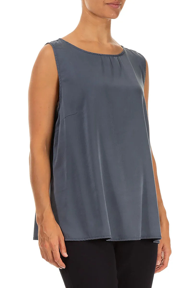 Flared Sleeveless Slate Blue Silk Top