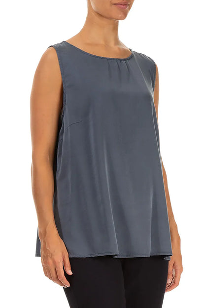 Flared Sleeveless Slate Blue Silk Top