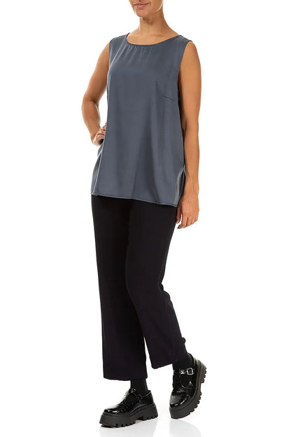 Flared Sleeveless Slate Blue Silk Top