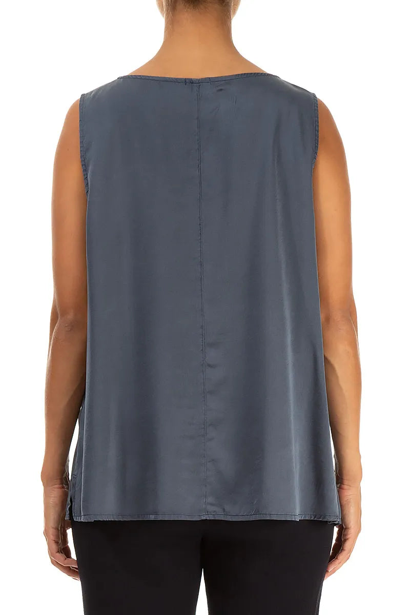 Flared Sleeveless Slate Blue Silk Top