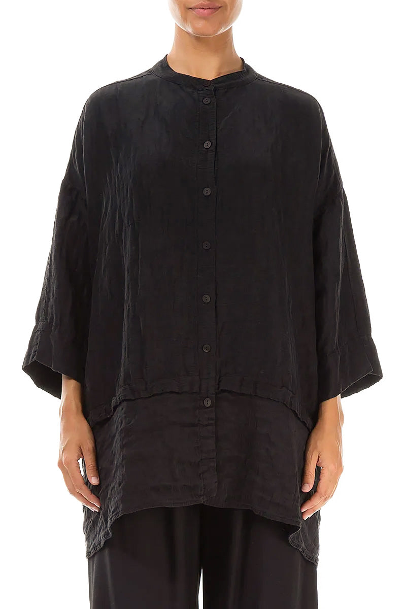 Flared Textured Black Silk Linen Shirt 1