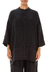 Flared Textured Black Silk Linen Shirt 1