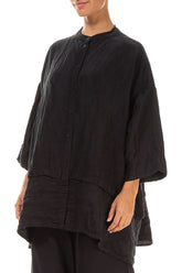 Flared Textured Black Silk Linen Shirt 3