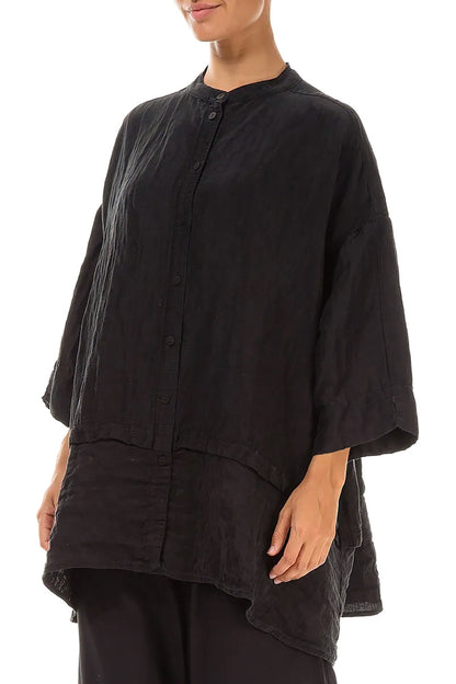 Flared Textured Black Silk Linen Shirt 3