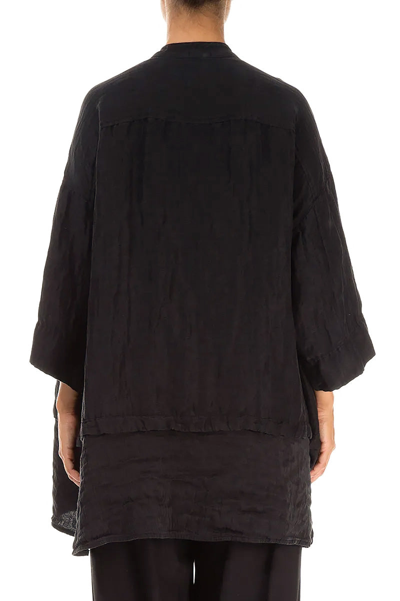 Flared Textured Black Silk Linen Shirt 2