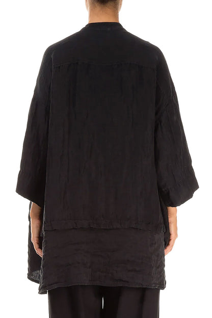 Flared Textured Black Silk Linen Shirt 2