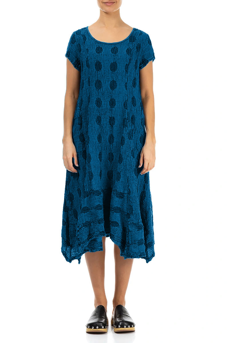 Robe en lin texturé évasée à bulles bleu cobalt