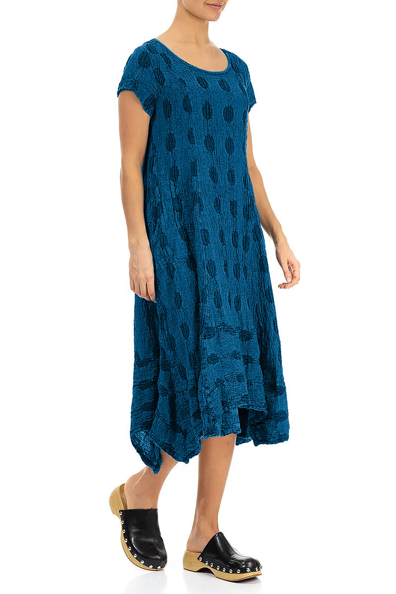 Robe en lin texturé évasée à bulles bleu cobalt