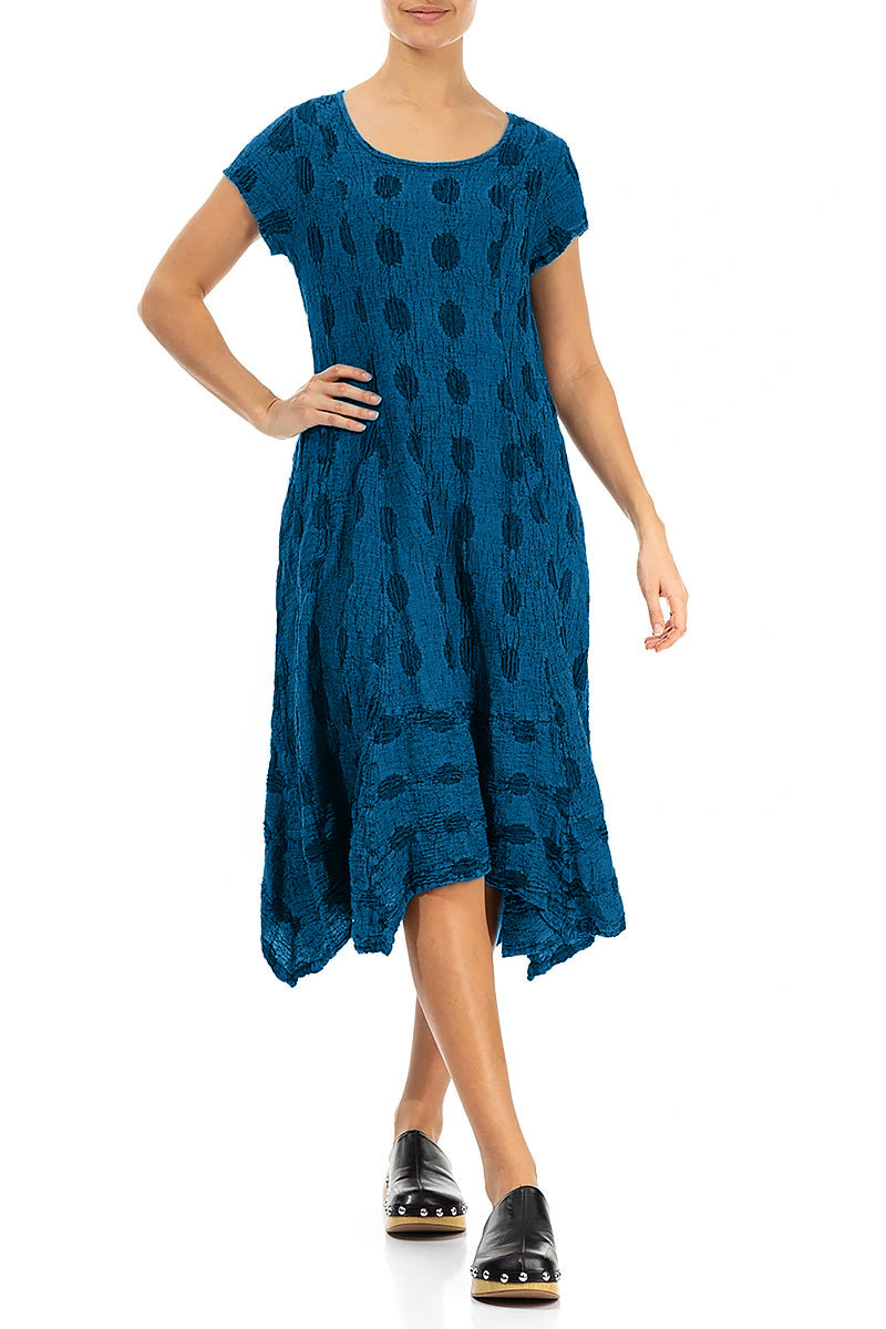 Robe en lin texturé évasée à bulles bleu cobalt