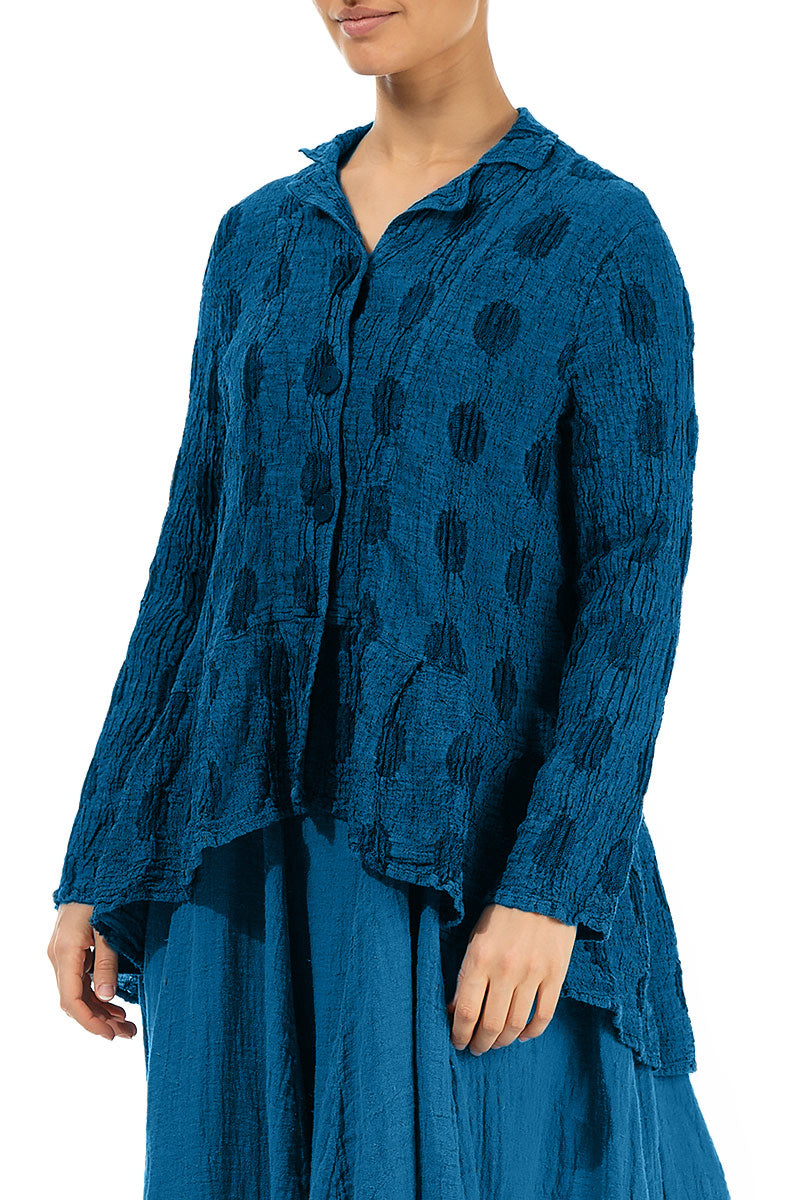 Veste en lin bleu cobalt texturé à bulles évasée